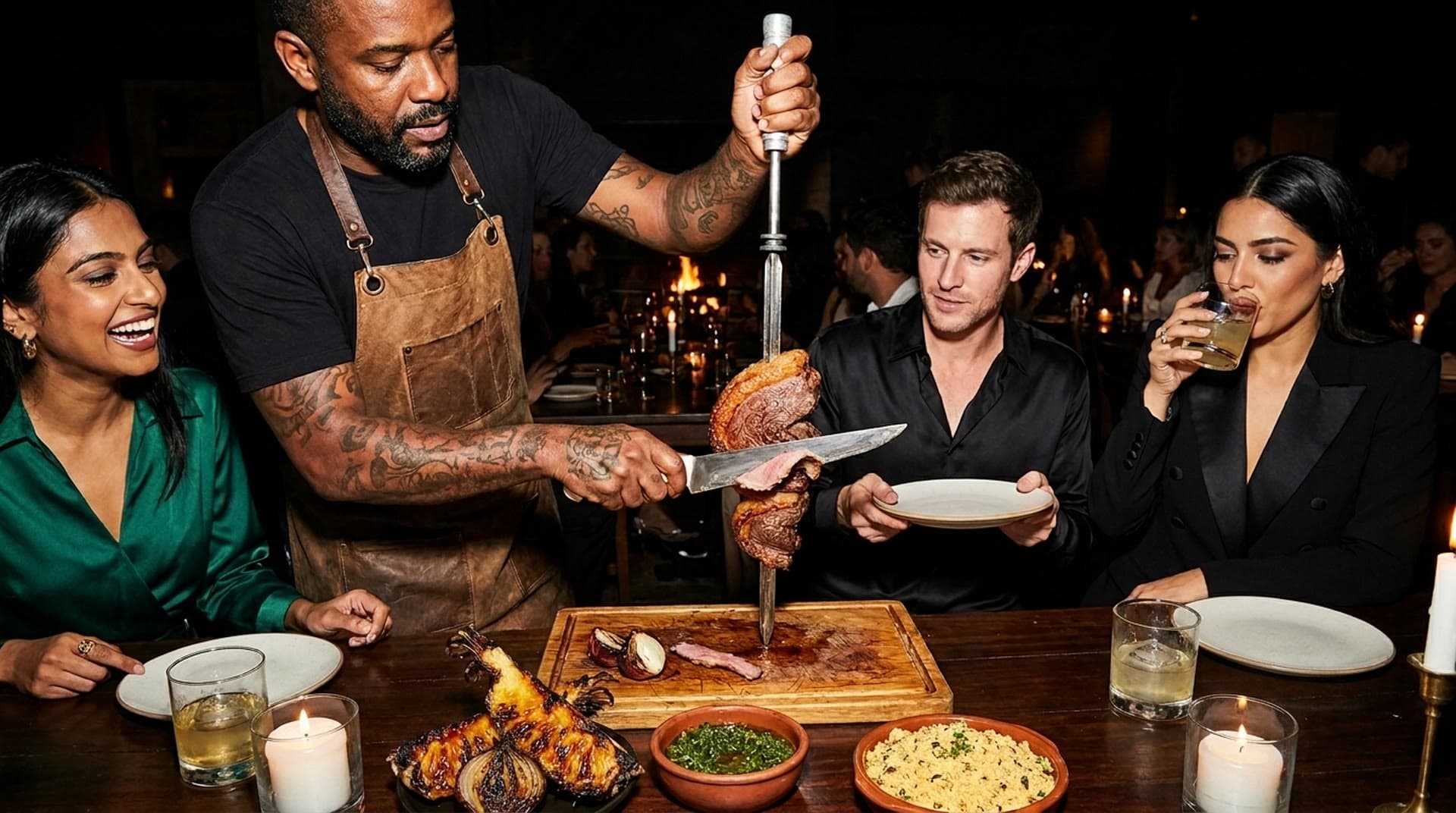 A chef in a leather apron holds a tall skewer of picanha upright on a wooden board and slices it at the table, as a woman in a green satin top laughs, a man in a black silk shirt holds out his plate and a woman in a black tuxedo blazer sips a cocktail, with charred pineapple, chimichurri, farofa and candles on the table.