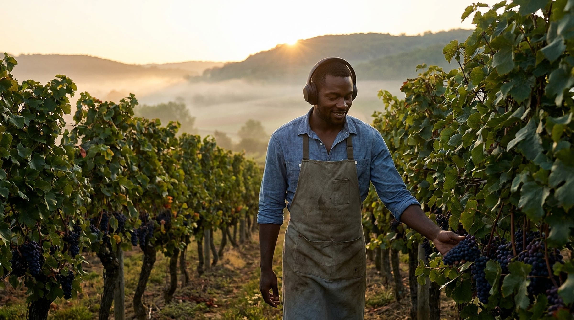A sommelier in training in a chambray shirt and canvas apron walks a vineyard row at dawn wearing headphones, touching a cluster of dark grapes as mist fills the valley behind him.
