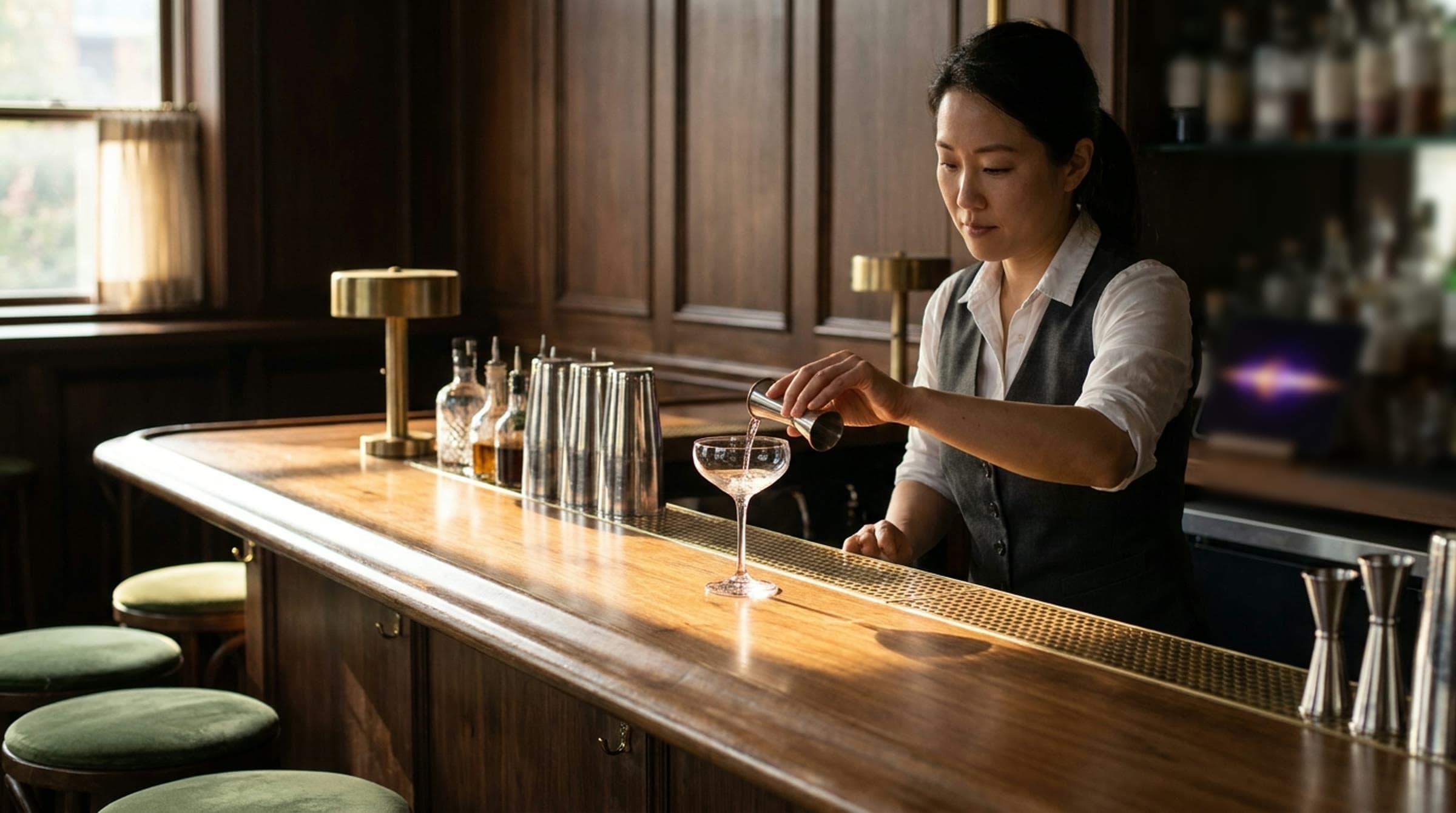 A bartender in a charcoal vest measures a pour into a coupe on a sunlit walnut bar while a tablet on the back bar glows with a soft violet and amber wave.