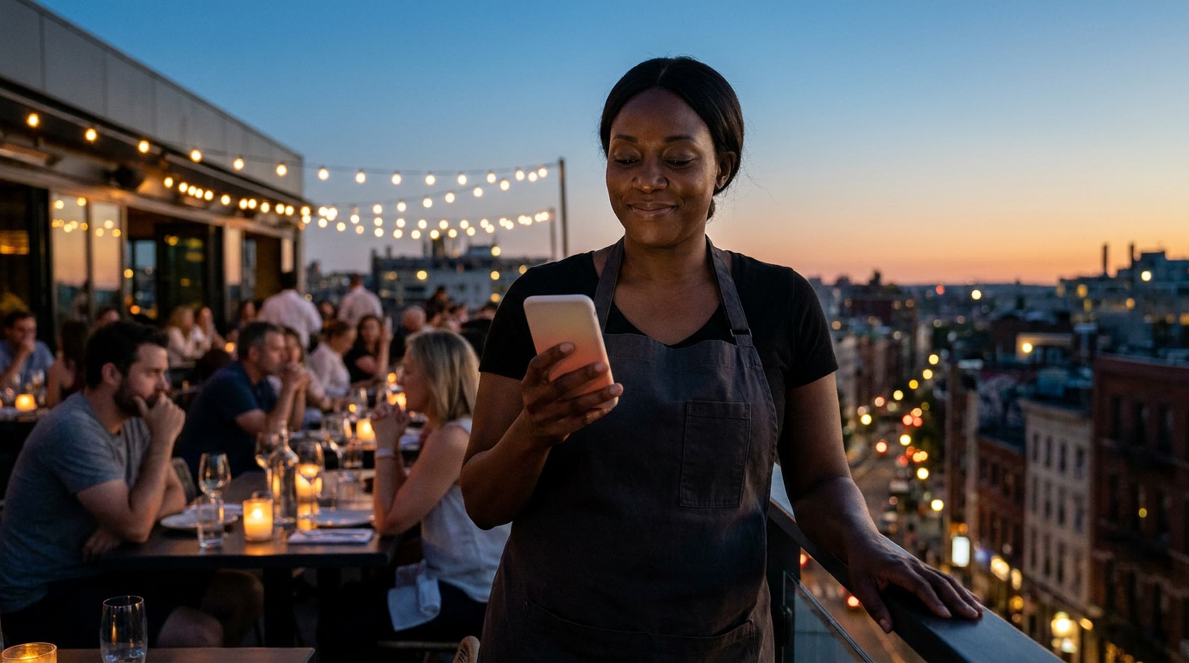 A server in a black apron smiles at a phone glowing with a warm gradient on a rooftop terrace at dusk, with string lights, diners and the city behind her.