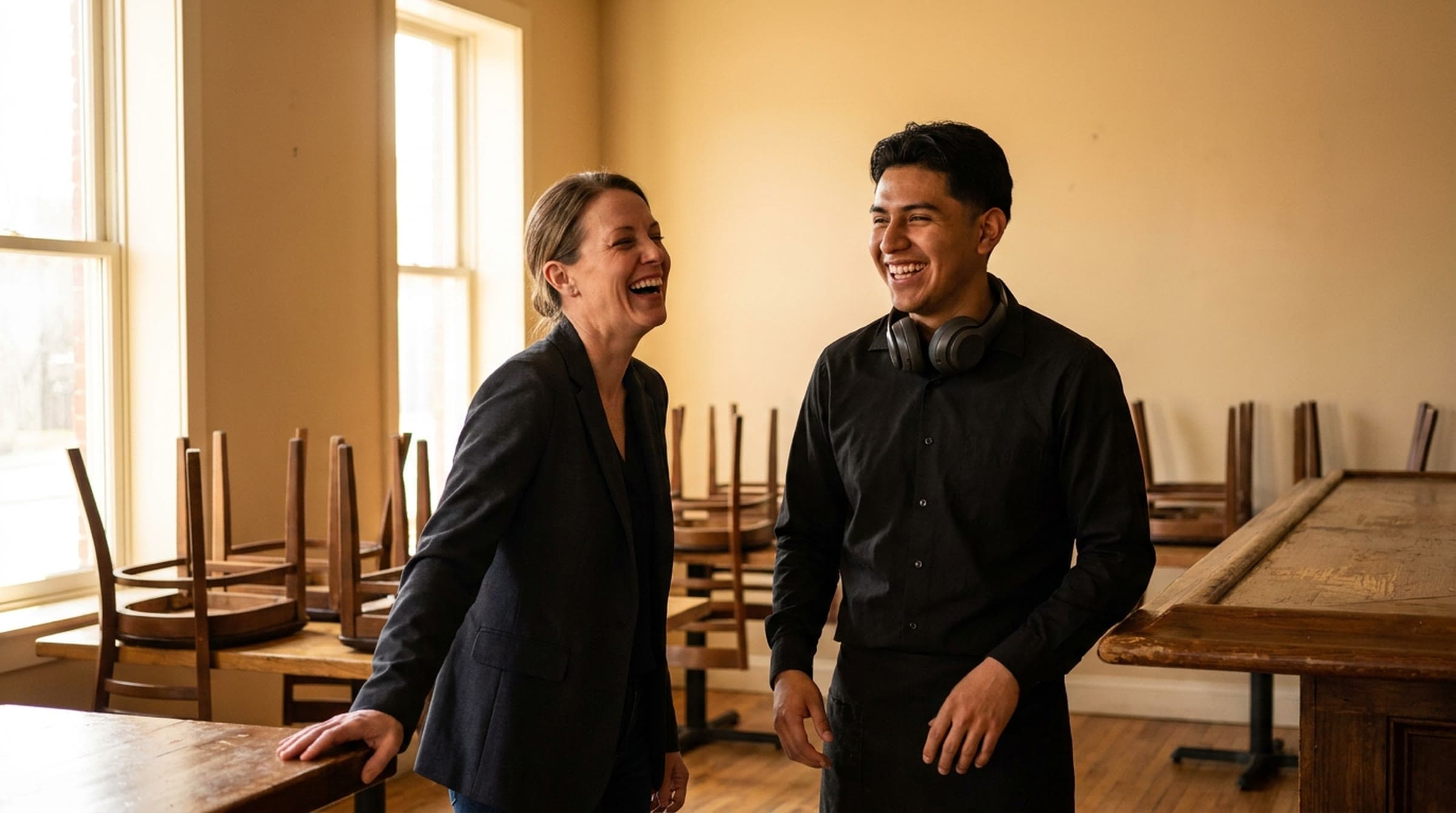A restaurant manager in a blazer and a new server with headphones around his neck share a laugh in a sunlit dining room before service, chairs still up on the tables.