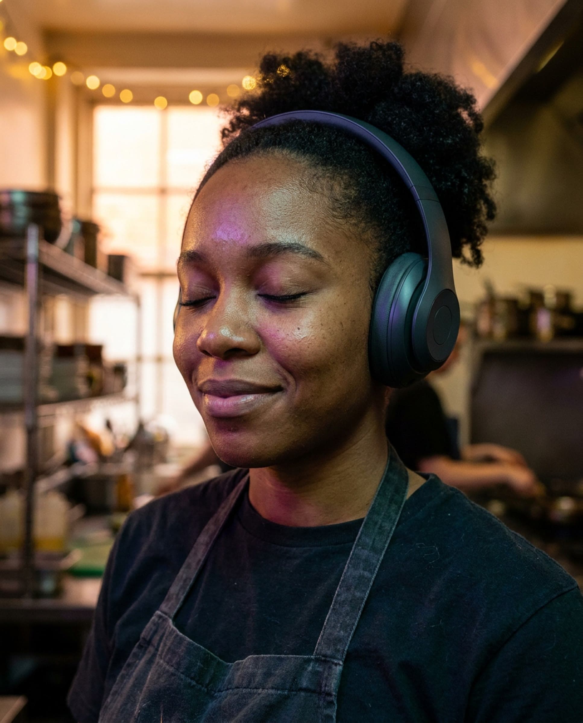 A cook in headphones listens with her eyes closed and a gentle smile, violet and amber light on her face, a warm kitchen softly blurred behind her.