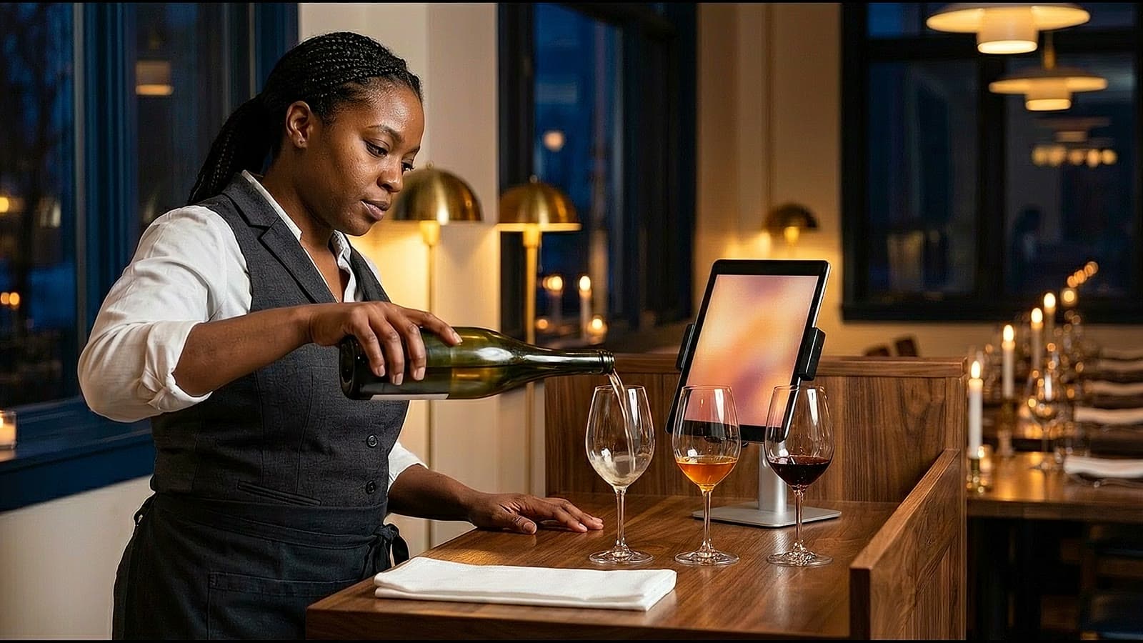 A server pours from a plain dark green bottle into the first of three tasting glasses at a host stand on a winter evening, a tablet on a stand behind the glasses.