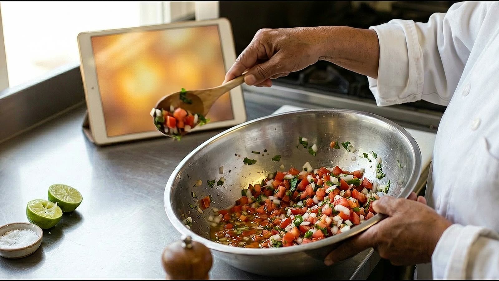 A cook's hands fold pico de gallo in a large stainless steel bowl with a wooden spoon, a few diced pieces caught in the air, spent lime halves and a dish of salt on the bench beside the bowl.