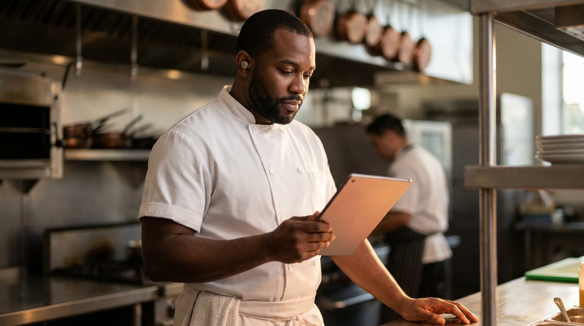 A chef in a white coat stands in a working kitchen wearing a single earbud, looking down at a tablet held in one hand with his other hand resting on a steel counter, copper pans hanging behind him and another cook at work further back.
