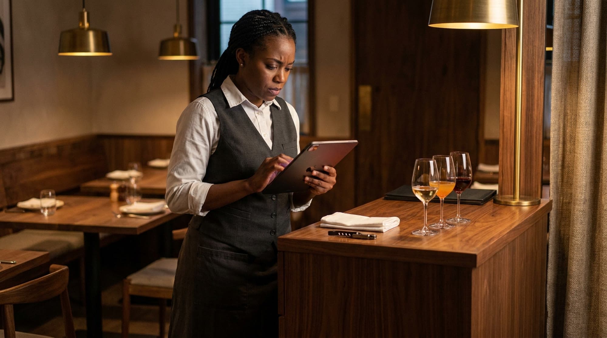 A server in a dark vest and apron stands at a wooden host stand in a restaurant dining room before service, reading a tablet held in both hands, with three glasses holding small pours of white, amber and red wine in a row on the counter beside her.