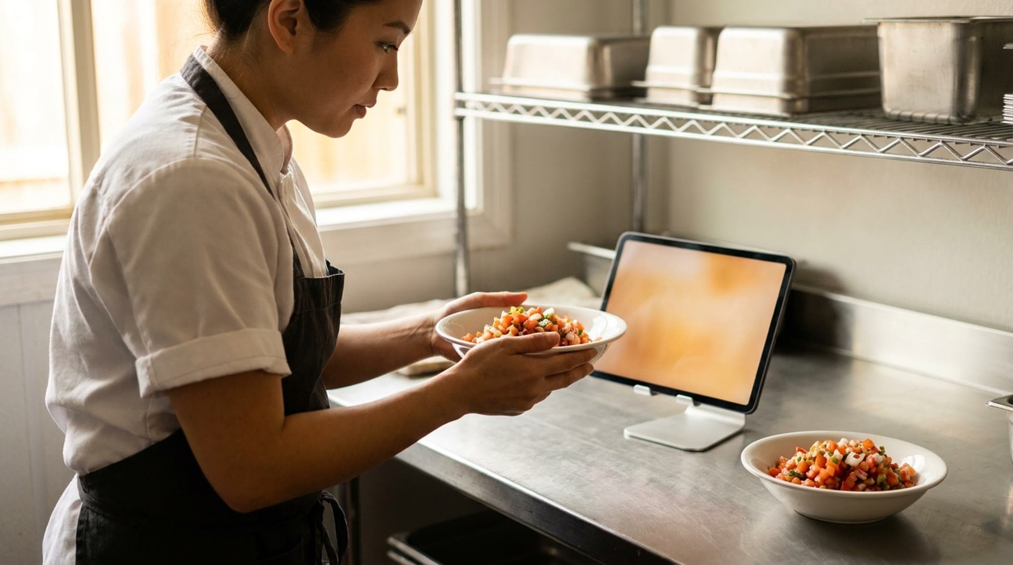 A cook in a white coat holds a white bowl of pico de gallo in both hands toward a tablet propped on a stand on a steel bench, with a second white bowl of pico de gallo on the bench beside the tablet.