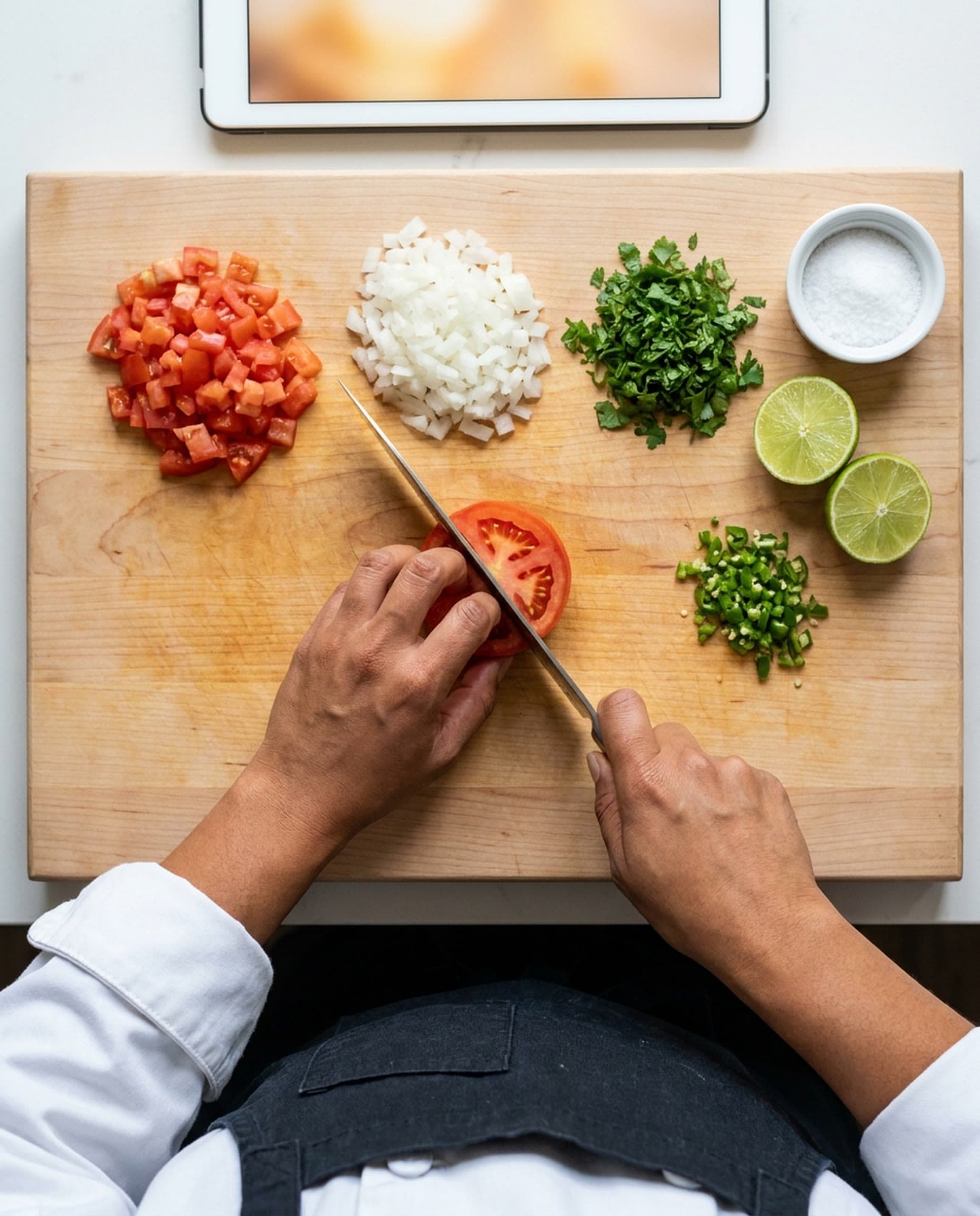 A cook's hands slice a tomato on a wooden board, the guiding hand curled into a claw, with piles of diced tomato, white onion, chopped cilantro and minced green chile across the board, lime halves and a dish of salt beside them, and the lit edge of a tablet above.