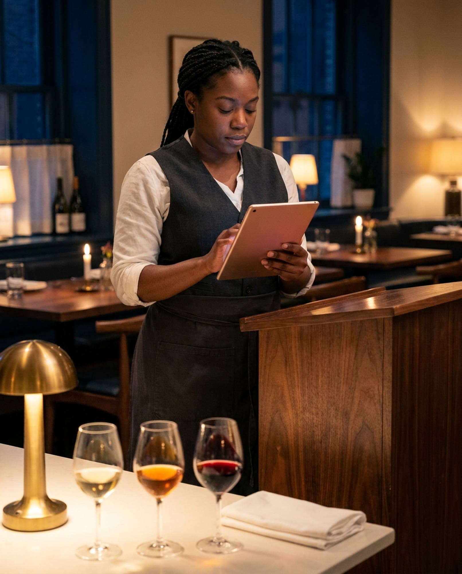 A server in a vest and apron reads a tablet held in both hands at a host stand on a winter evening, three glasses with small pours of white, amber and red wine on the counter in front of her, candles and dark blue windows behind.