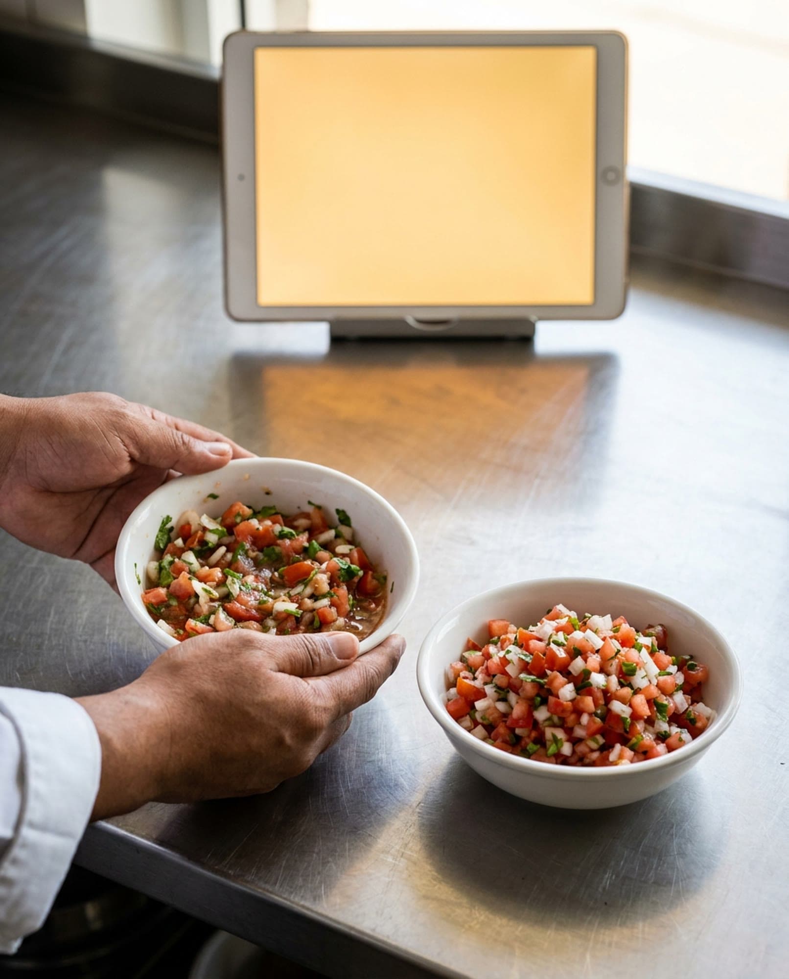 Two white bowls of pico de gallo side by side on a steel bench, one held just above the bench in a pair of hands and one at rest, a tablet on a stand above them throwing warm light across the steel.