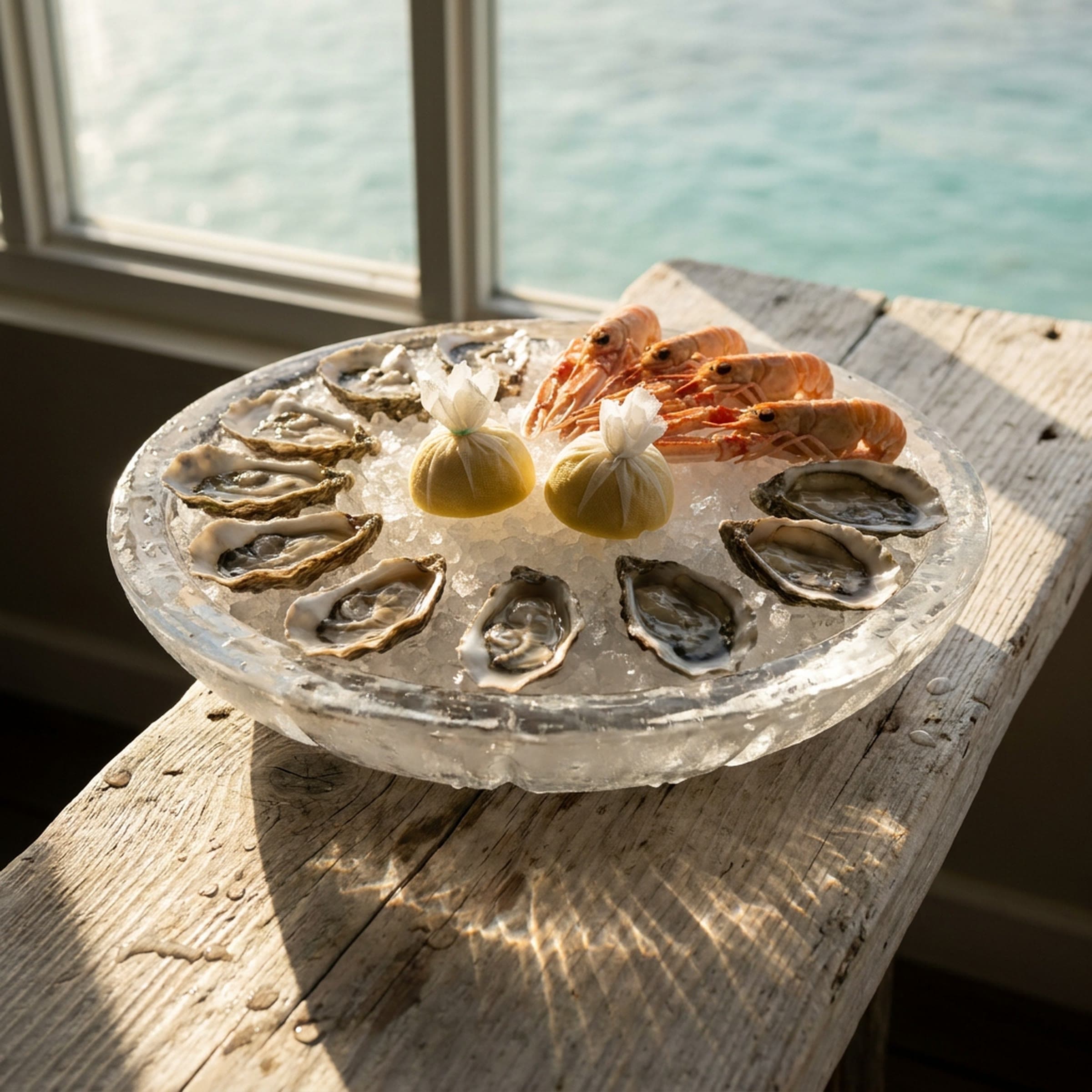 A round clear ice tray piled with crushed ice holds a ring of shucked oysters, langoustines and two muslin-wrapped lemon halves on a weathered driftwood plank, sunlight passing through the ice onto the wood with turquoise water beyond the window.