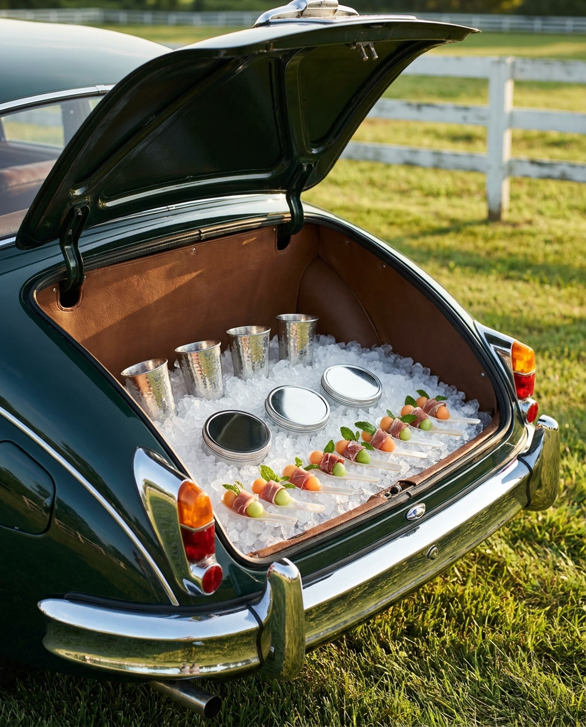The open leather-lined trunk of a vintage bottle-green sedan on a grass field, packed with crushed ice holding hammered silver cups, polished silver tins and mother-of-pearl spoons of melon wrapped in shaved ham with mint, a white rail fence behind it at golden hour.