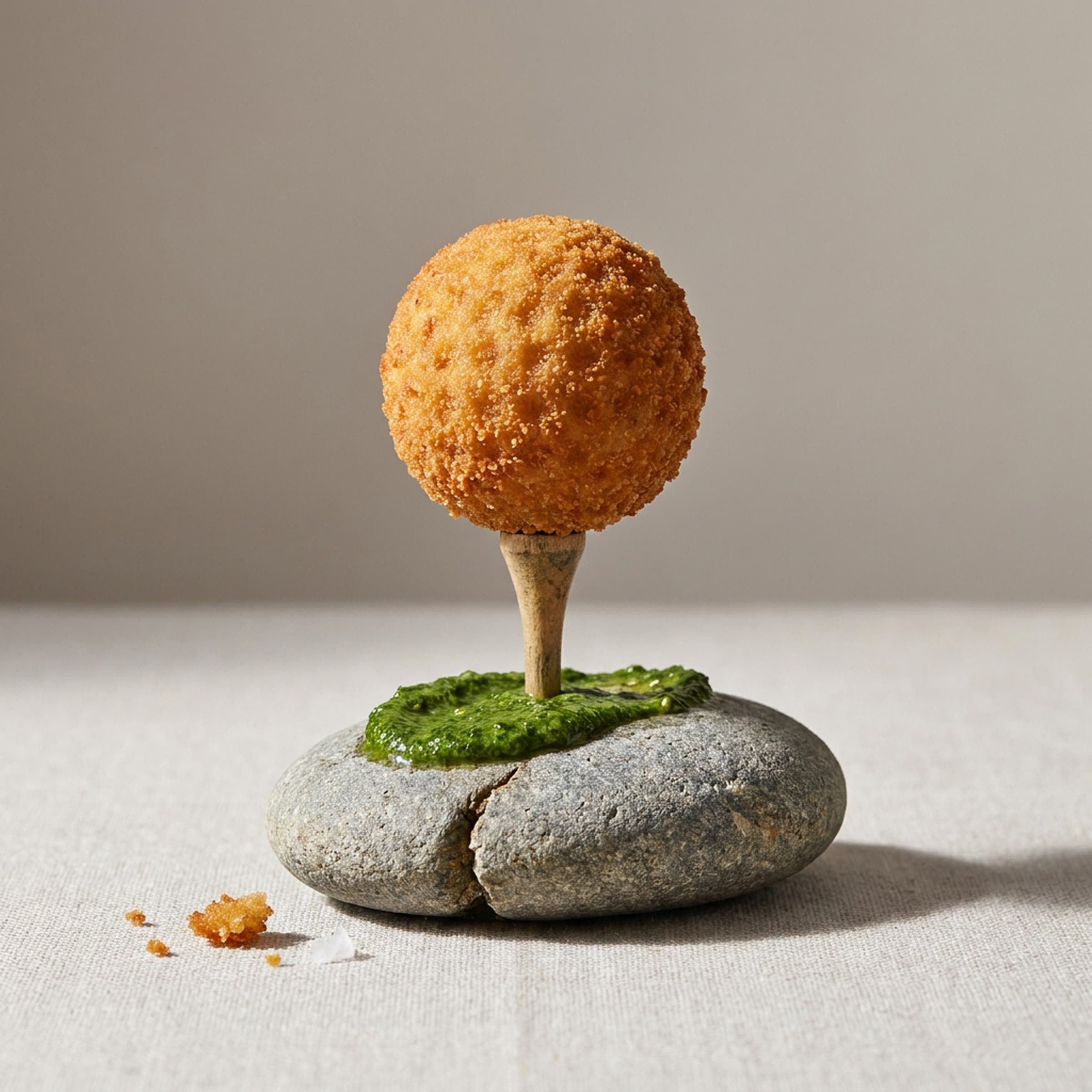 A golden croquette the size and shape of a golf ball perches on a wooden tee set into bright green herb sauce on a smooth gray river stone, a few crumbs and a salt flake beside it.