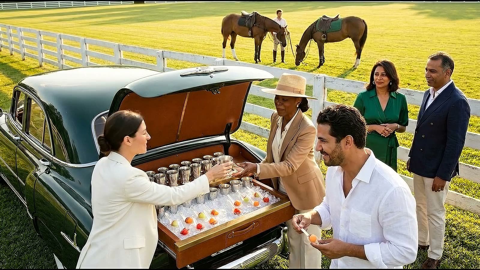 Guests laugh and talk around the open trunk bar of a vintage green car at a polo field as a host passes a silver cup, and two saddled horses graze beyond the rail.