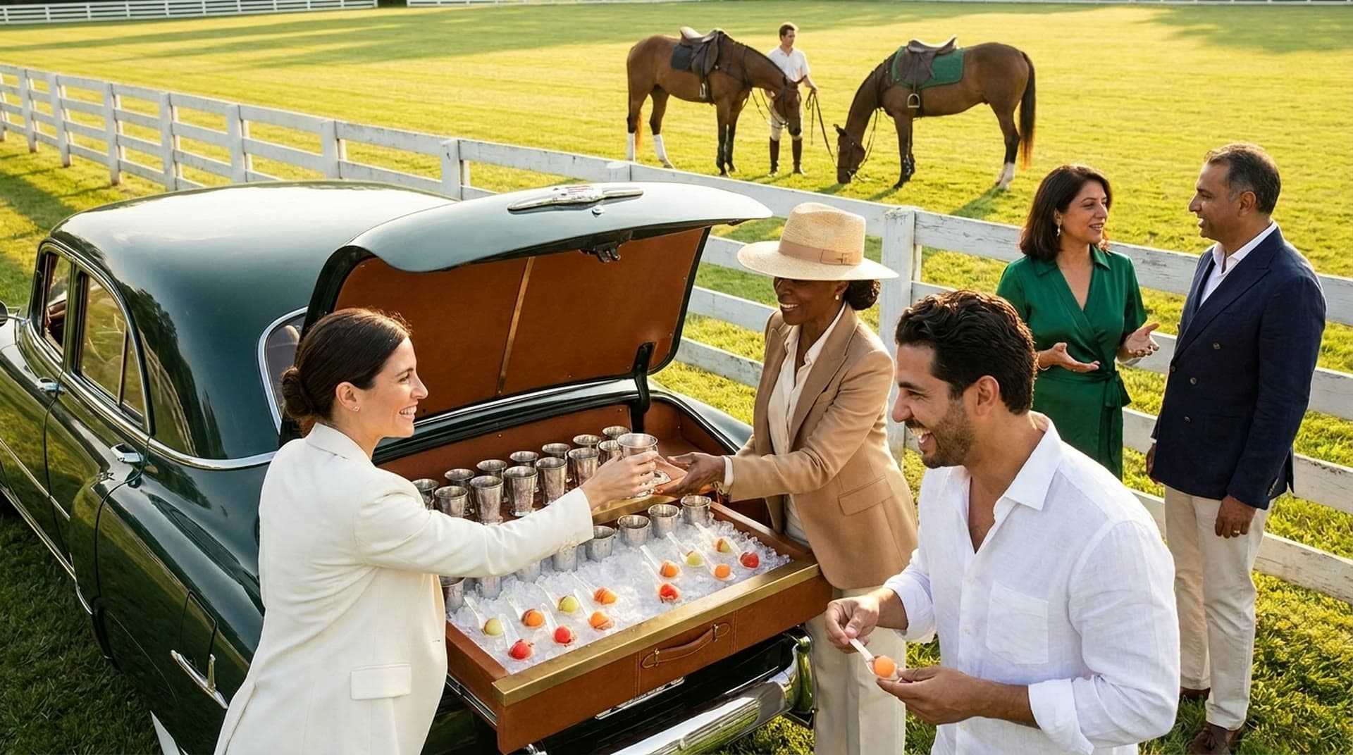At a polo field at sunset, a host in an ivory jacket hands a silver cup across the open trunk of a vintage green car to a woman in a camel blazer and straw hat, while a man in a white linen shirt holds a spoon of melon, a couple talks by the white rail, and a groom stands with two grazing horses.