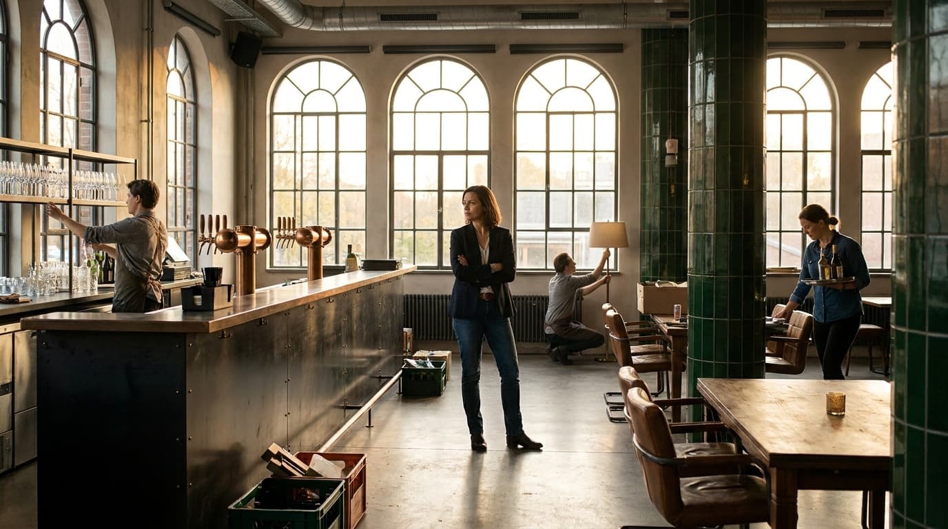 A hospitality space in the hour before opening: one person standing back reading the room while three others set the bar, adjust a light and walk a service route