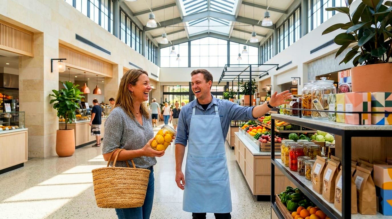 A guest with a basket laughing with a team member in a sunlit market hall of fresh produce and packaged goods
