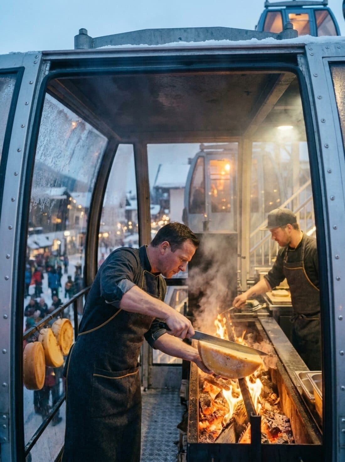 Two chefs cooking over open fire inside a glass gondola kitchen, the village crowd beyond the glass.