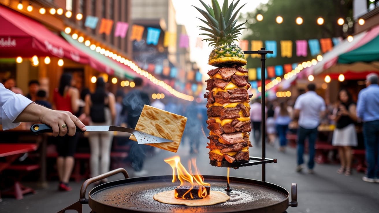 Chile-marinated pork crowned with pineapple on a vertical spit, a cook lifting a warm tortilla off the comal under papel picado and string lights.