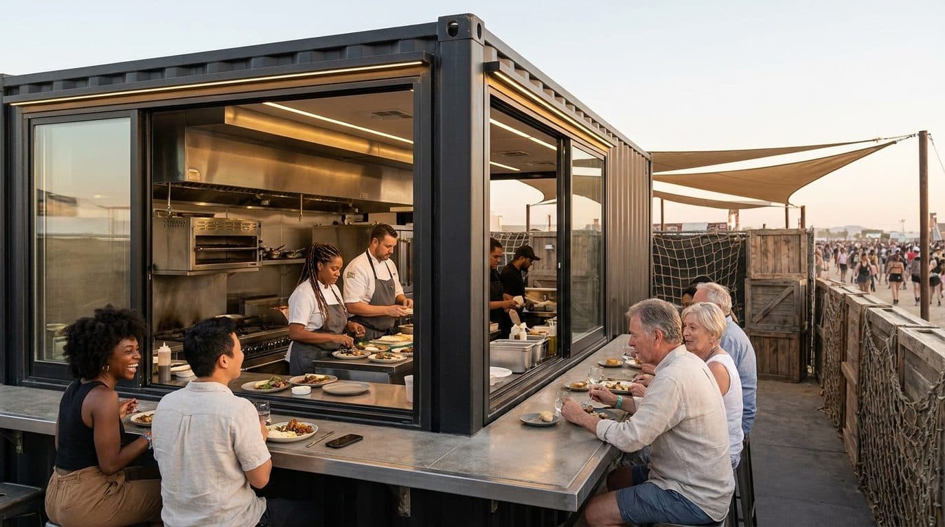 Guests laughing over plates at a steel counter wrapped around an open container kitchen, with a festival crowd streaming past at golden hour