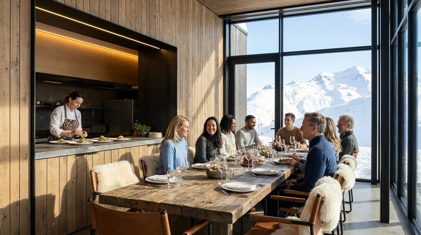A chef table in a timber-clad room at a ski resort, a head chef finishing plates at a stone pass, snow-covered peaks through a full-height glazed wall.