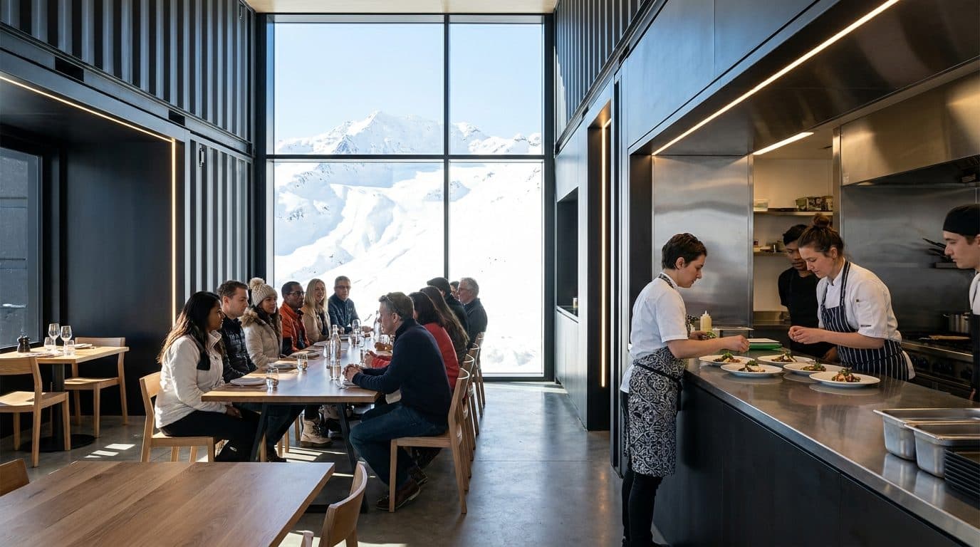 Cooks plating at an open steel counter while a long table of guests talks in front of a wall of glass and snowy peaks